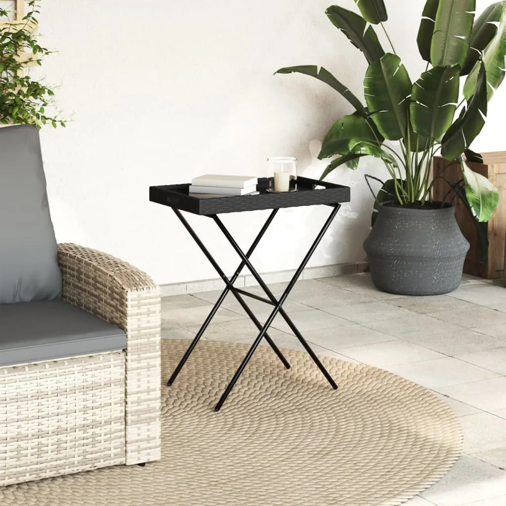 Tavolino vassoio pieghevole nero 65x40x75 cm in polyrattan