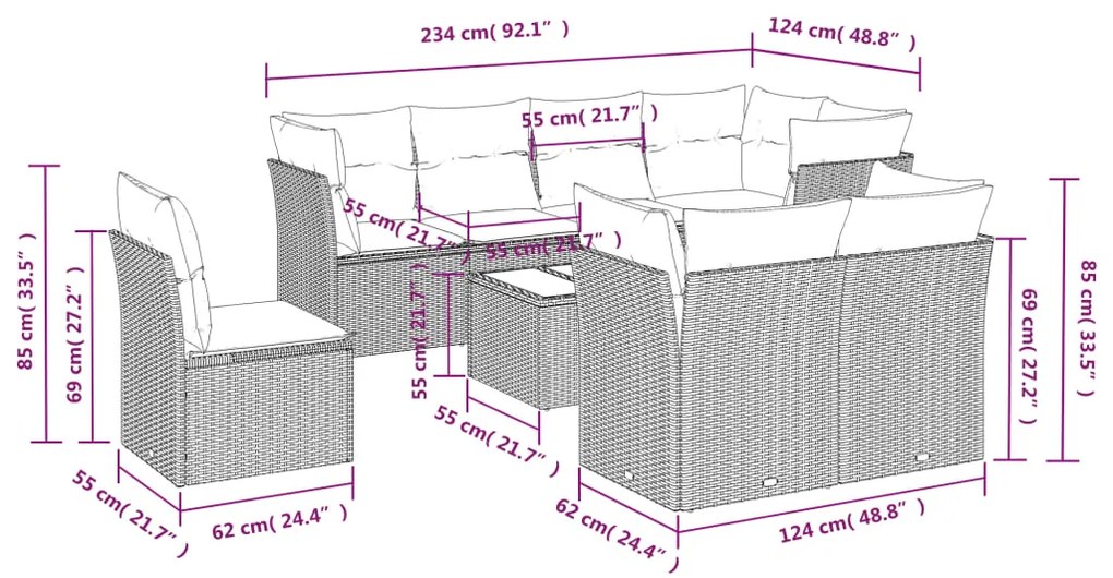 Set divano da giardino 9pz con cuscini grigio chiaro polyrattan