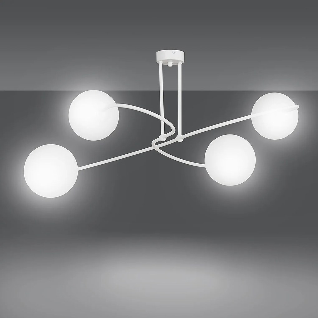 Plafoniera Moderna 4 Luci Nezha In Acciaio Bianco E Sfere In Vetro Opale