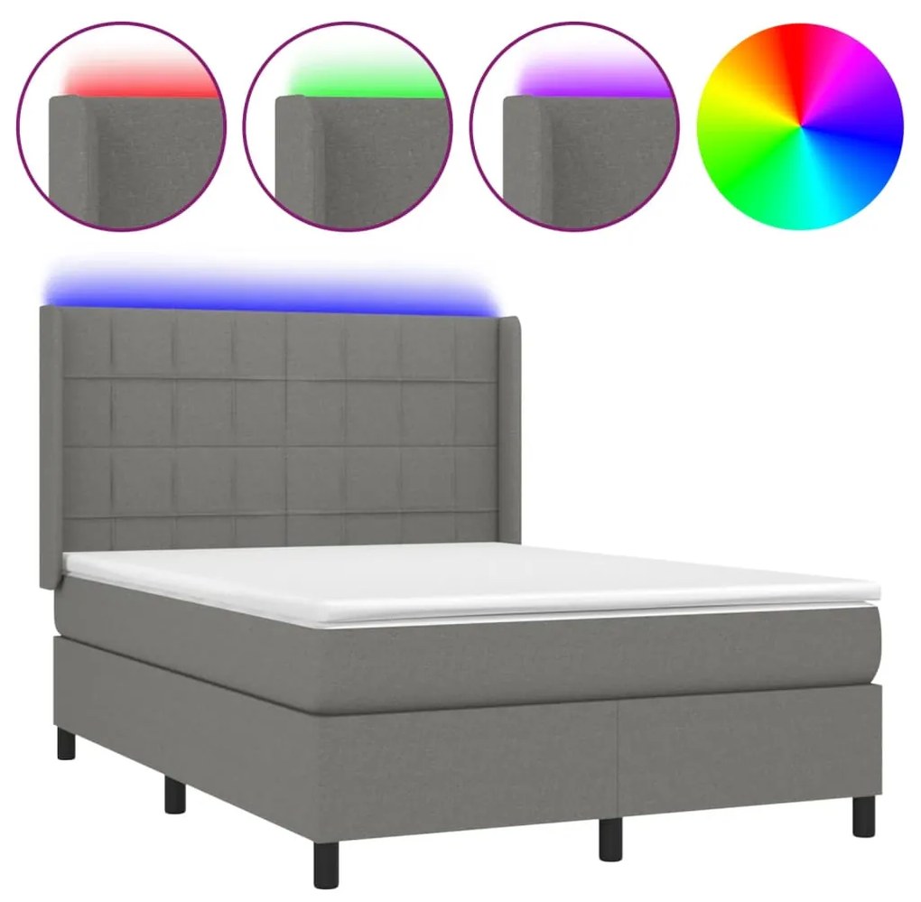 Letto a molle materasso e led grigio scuro 140x190cm in tessuto