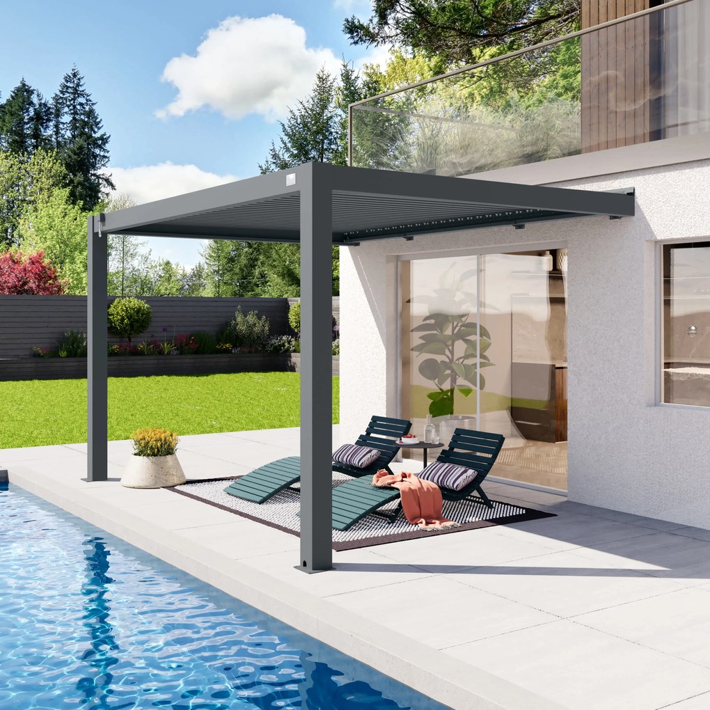 PRIMEYARD Pergola addossata in antracite 3x4 m, con tetto a lamelle in antracite - (400141)