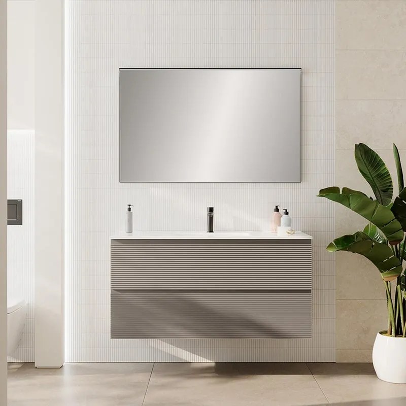 Mobile da bagno sospeso Step rigato taupe con lavabo in ceramica, con 2 cassetti a chiusura ammortizzata L120 H60 P45cm