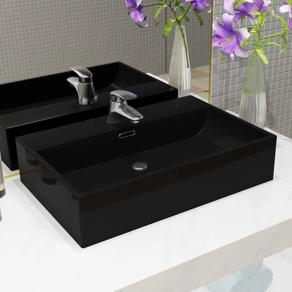 Lavandino Con Foro Rubinetto Ceramica Nero 60,5x42,5x14,5 Cm /
