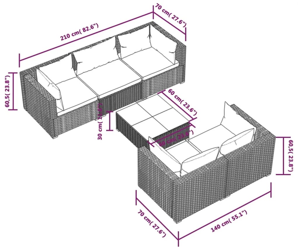 Set Divani da Giardino 6 pz con Cuscini in Polyrattan Grigio