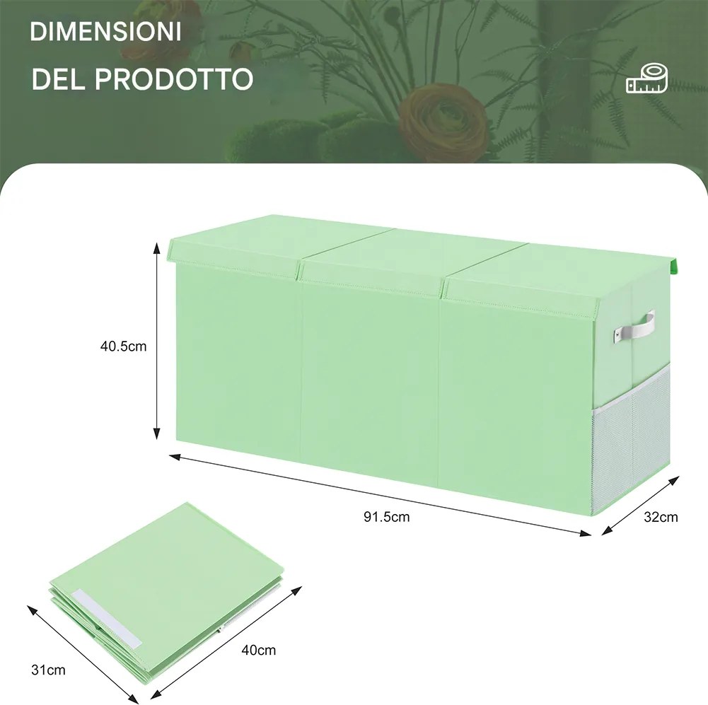 Box Contenitore per Giocattoli 91,5x32x40,5 cm Pieghevole 3 Scomparti 118L in TNT Verde...
