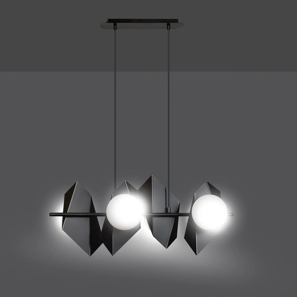 Lampadario 4 Luci Moderno Parvati In Acciaio Nero E Sfere Vetro Opalino