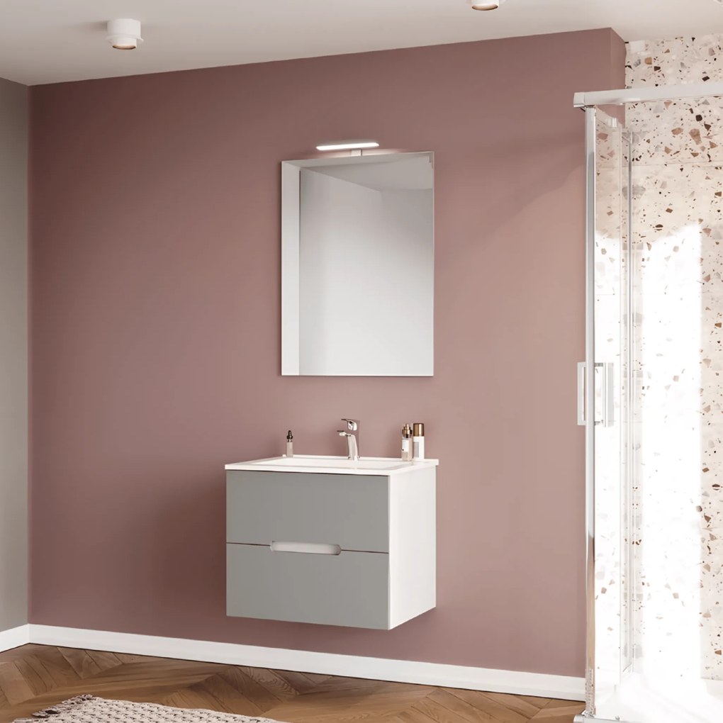 Mobile Bagno Sospeso 60 Cm Due Cassetti Specchio Con Lampada Led 80x60 Cm Savini Due "Iris"