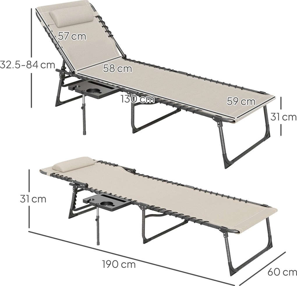 Sdraio da Giardino Pieghevole 60x190x31 cm Reclinabile a 5 Livelli con Tavolino Laterale e Tasca Crema...