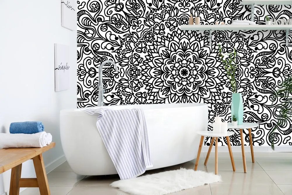 Carta da parati autoadesiva – Ornamento con motivo floreale in bianco e nero