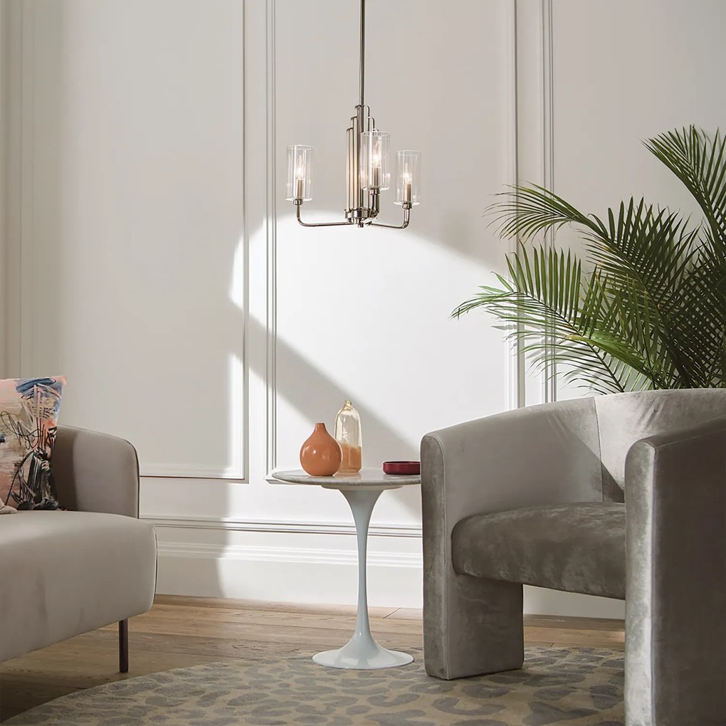 Lampadario Contemporaneo Kimrose Acciaio Nichel Lucido Vetro 3 Luci E14