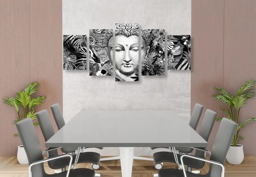 Quadri 5 pezzi – Buddha su sfondo esotico in bianco e nero