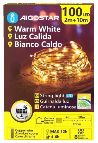 Aigostar - Catena di Natale solare a LED 100xLED/8 funzioni 12m IP65 bianco caldo