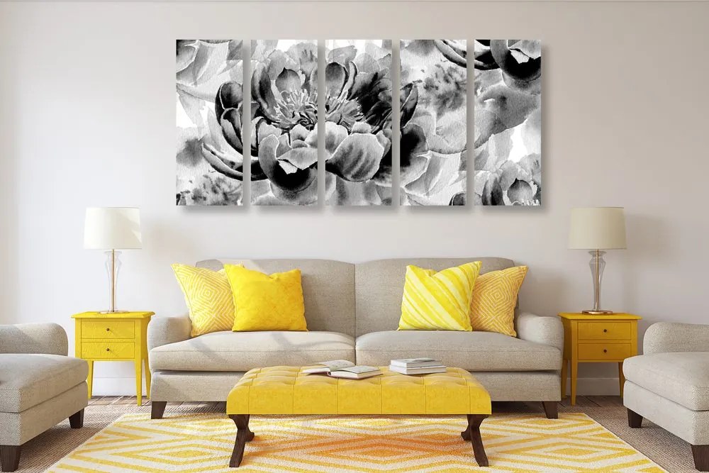 Quadri 5 pezzi – Peonie in bianco e nero