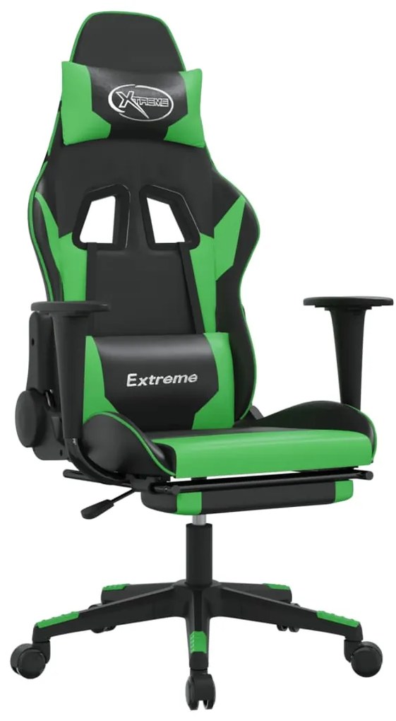 Sedia da gaming con poggiapiedi nero e verde in similpelle