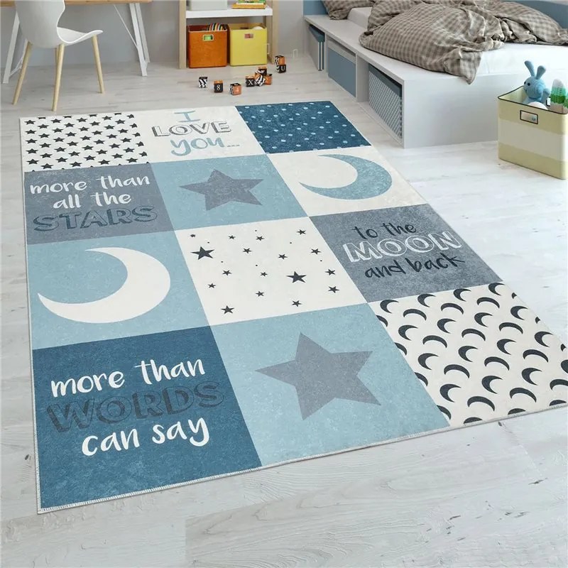 Tappeto Bimbi Luna e Stelle Colori Assortiti  Colore Azzurro, Dimensioni cm 140x200