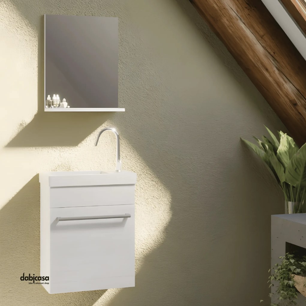 Mobile Bagno Sospeso "Perla" Da 40 Cm Composto Da Un'Anta Lavabo E Specchio Con Mensola Finitura Rovere Bianco