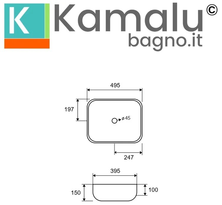 Kamalu - lavabo appoggio ceramica bianca slim con linee arrotondate | litos-0014