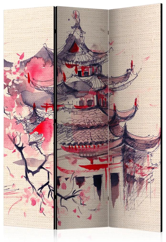 Paravento Dimora dello shogun (3-parti) - architettura orientale su sfondo beige