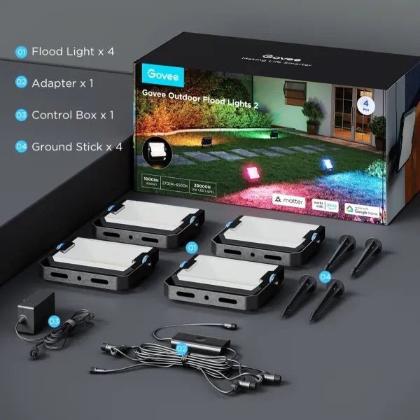 Govee - Set da 4 proiettori LED RGBICWW dimmerabili, 24W, 230V, IP66, compatibili con Matter e Wi‑Fi