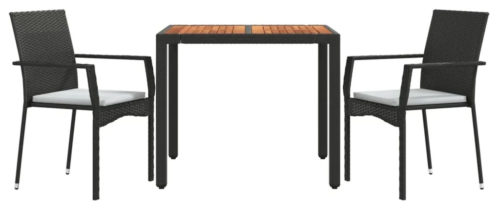 Set da pranzo da giardino 3 pz con cuscini nero in polyrattan