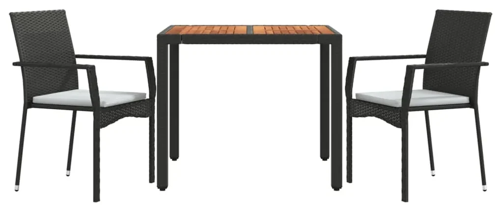 Set da pranzo da giardino 3 pz con cuscini nero in polyrattan