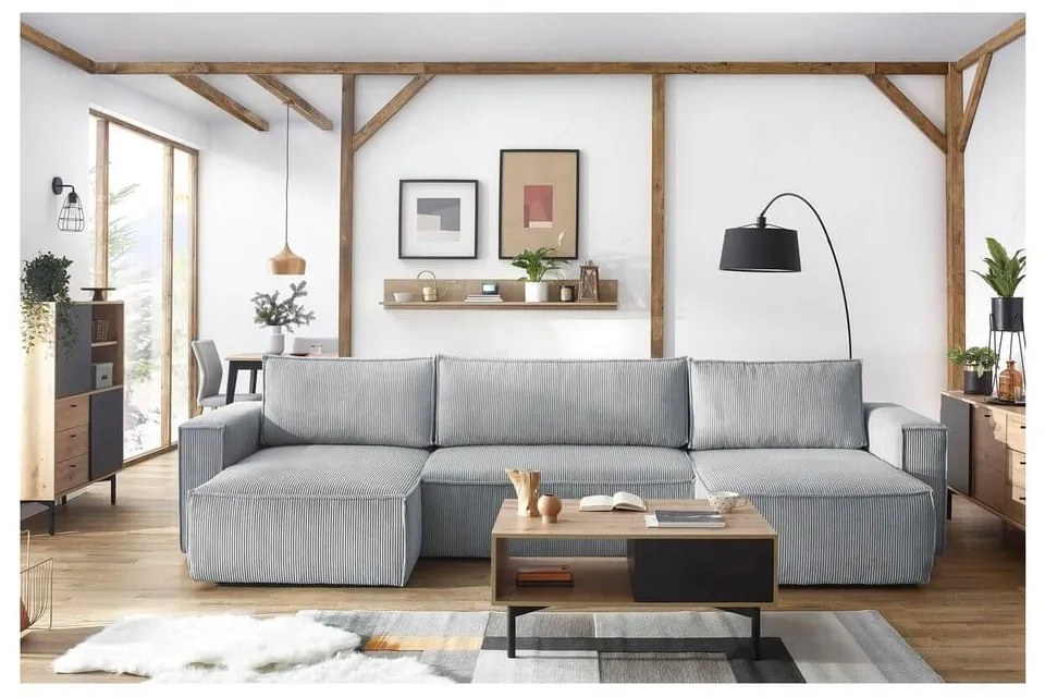 Divano letto angolare a "U" in velluto a coste grigio chiaro Nihad - Bobochic Paris