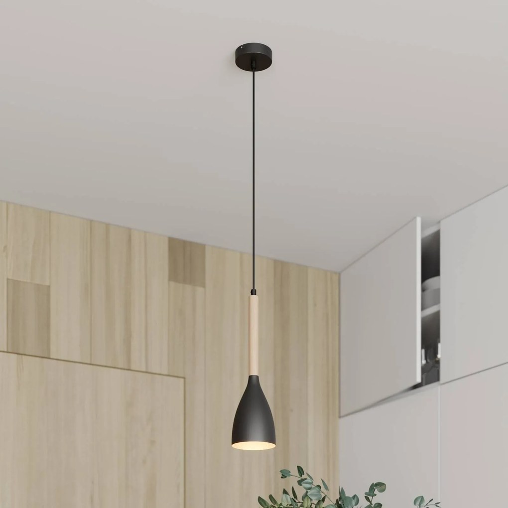 Luminex Lampada a sospensione Muza, nero/legno chiaro, Ø 11 cm