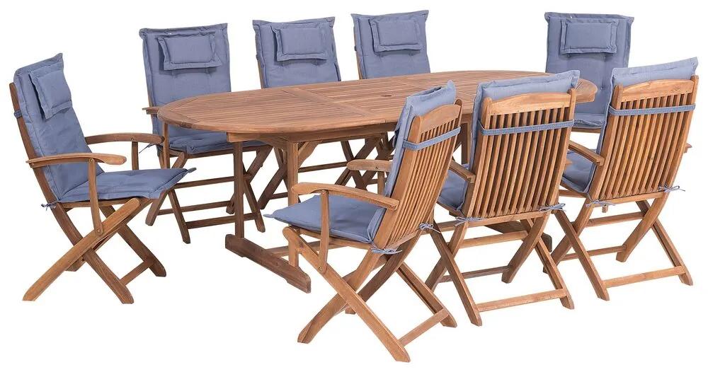 Set da giardino di un tavolo e 8 sedie con cuscini azzurri MAUI Beliani