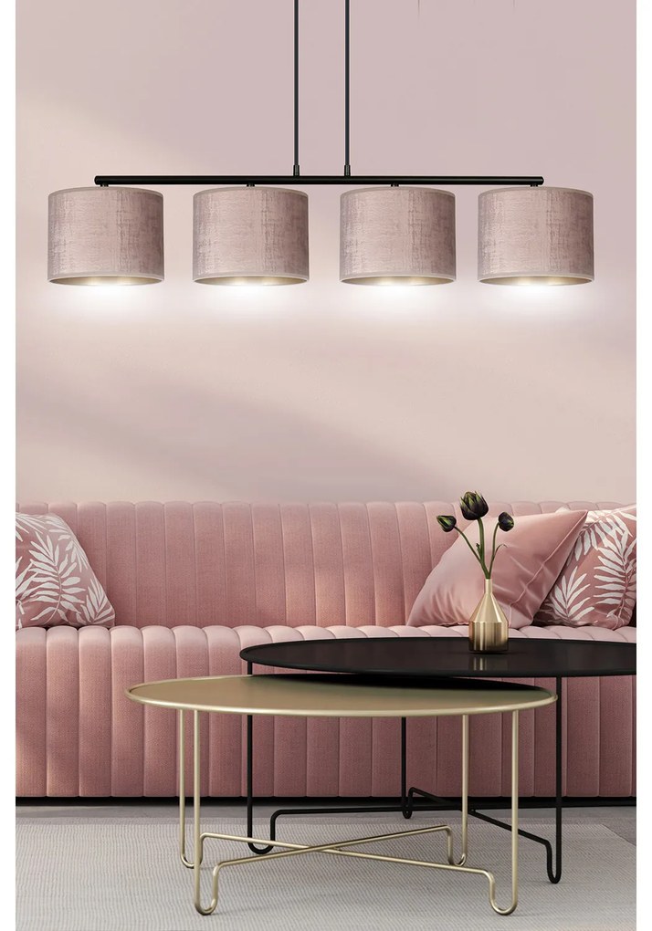 Lampadario 4 Luci Ganesha In Acciaio Nero E Paralumi In Tessuto Rosa