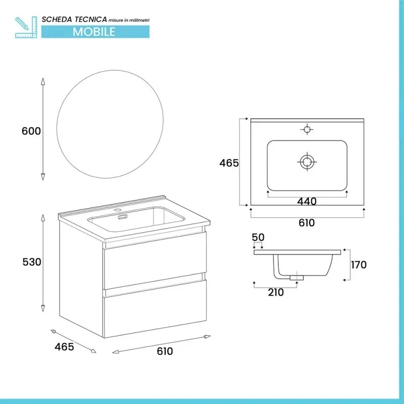 Mobile bagno sospeso 60cm in legno bianco lucido 2 cassettoni con lavabo e specchio Leda