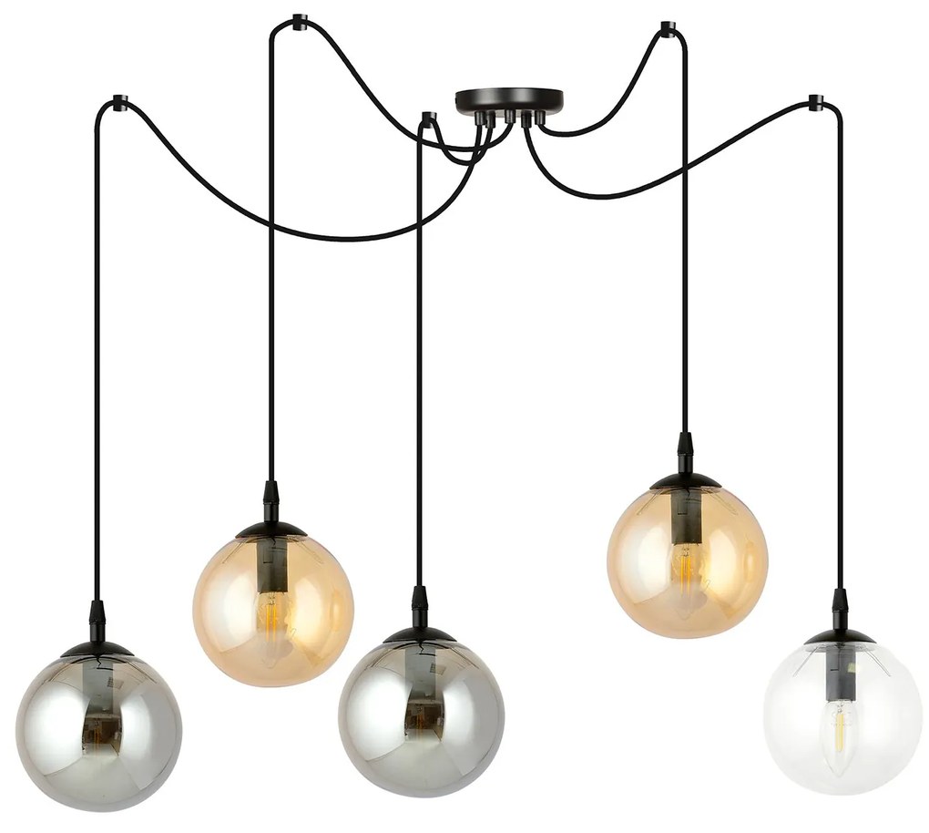 Lampadario 5 Luci Ginevra In Acciaio Nero Con Cavo Lungo E Vetri Multicolor