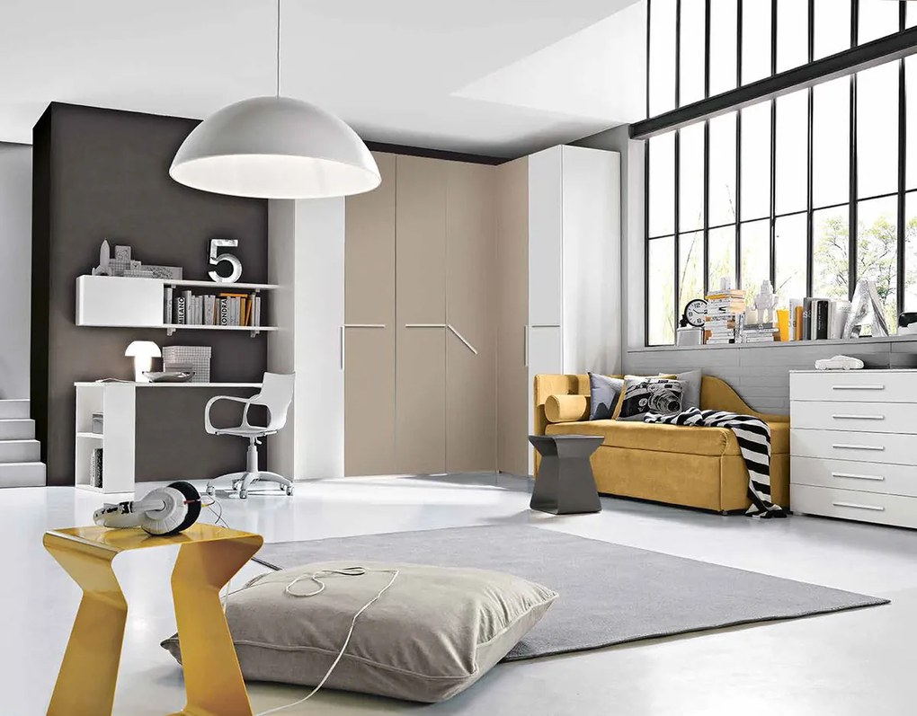 Cameretta salvaspazio con armadio angolare e divano letto, finitura Bianco frassino e Tortora