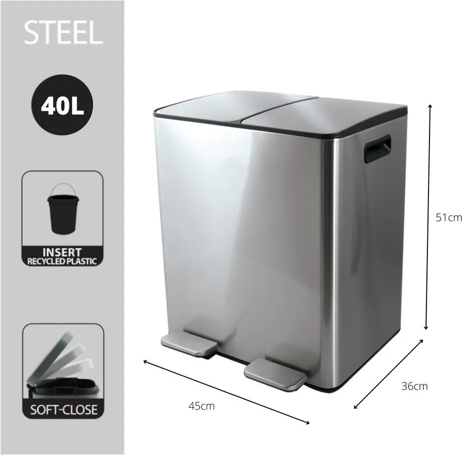 Cestino per la spazzatura color argento opaco in acciaio per raccolta differenziata/con pedale 2x20 l Aliya – Spirella