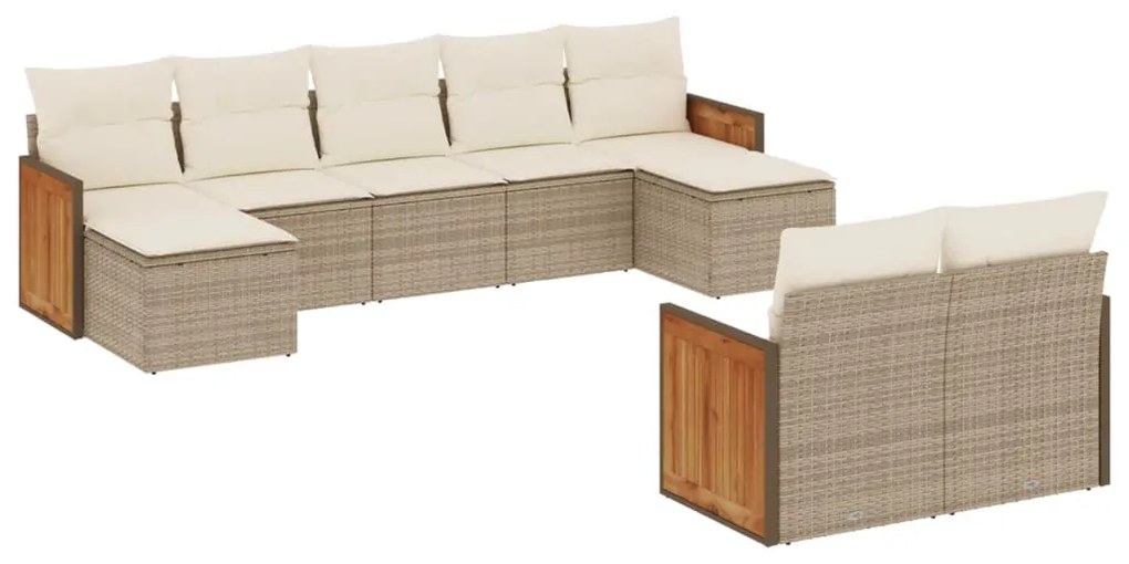 Set divano da giardino 9 pz con cuscini beige in polyrattan