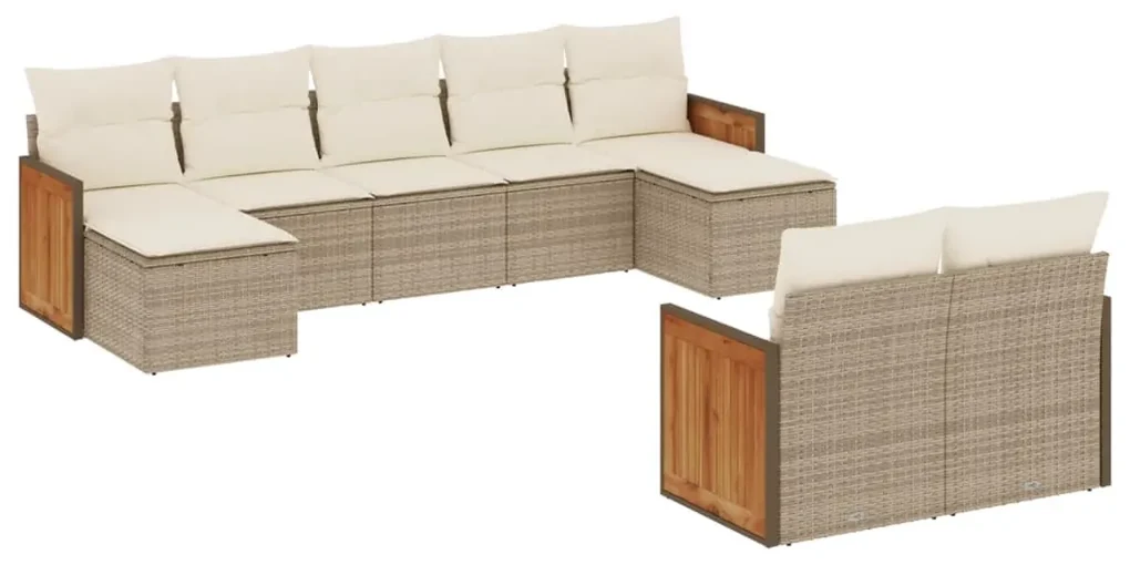 Set divano da giardino 9 pz con cuscini beige in polyrattan