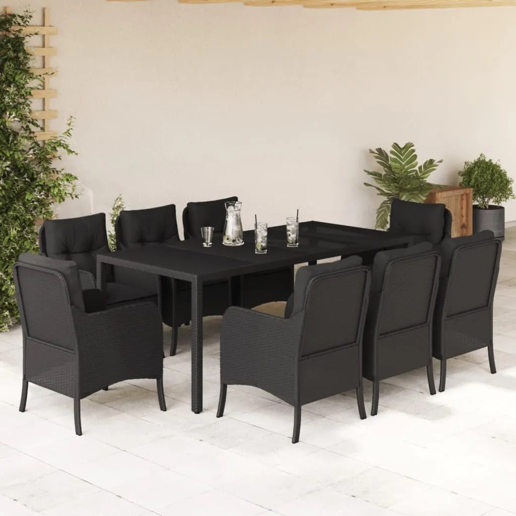 Set da pranzo da giardino 9 pz con cuscini nero in polyrattan