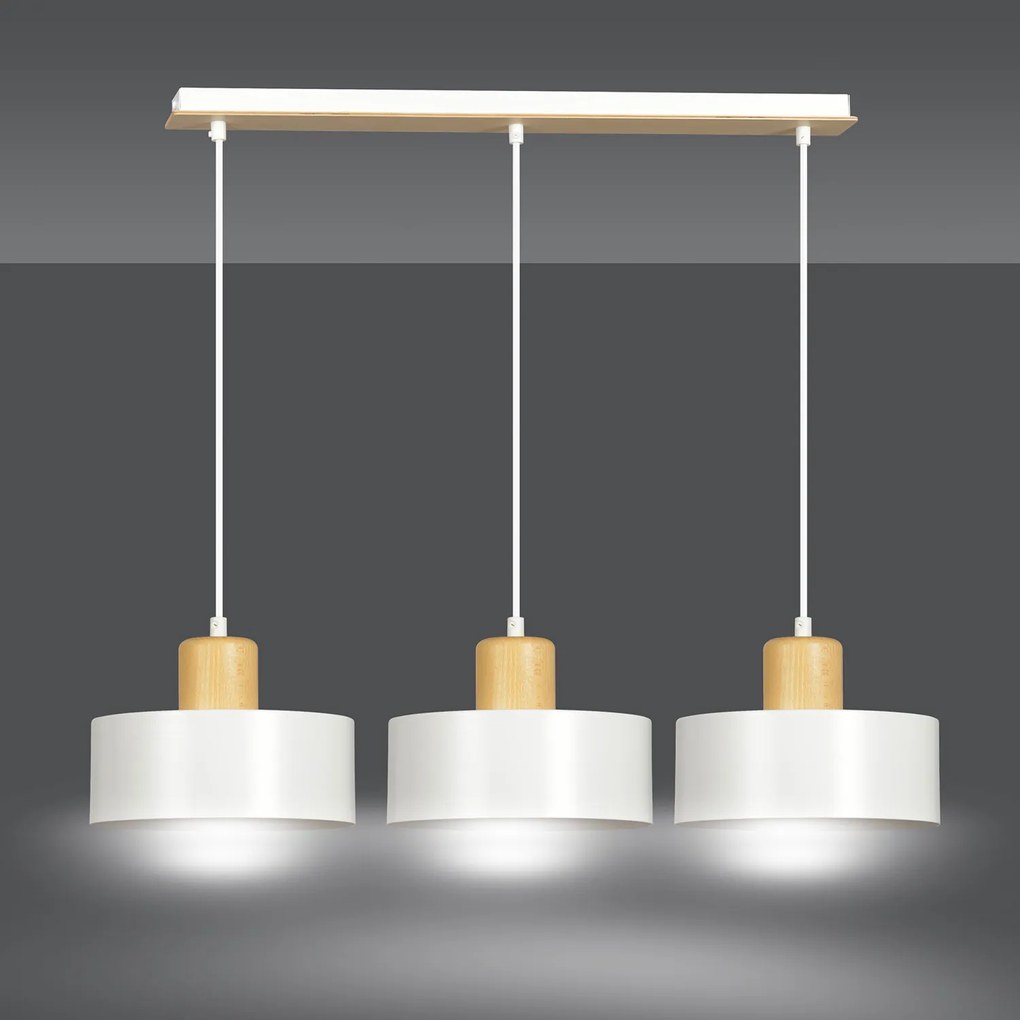Sospensione Nordica 3 Luci Surya In Acciaio Bianco E Legno