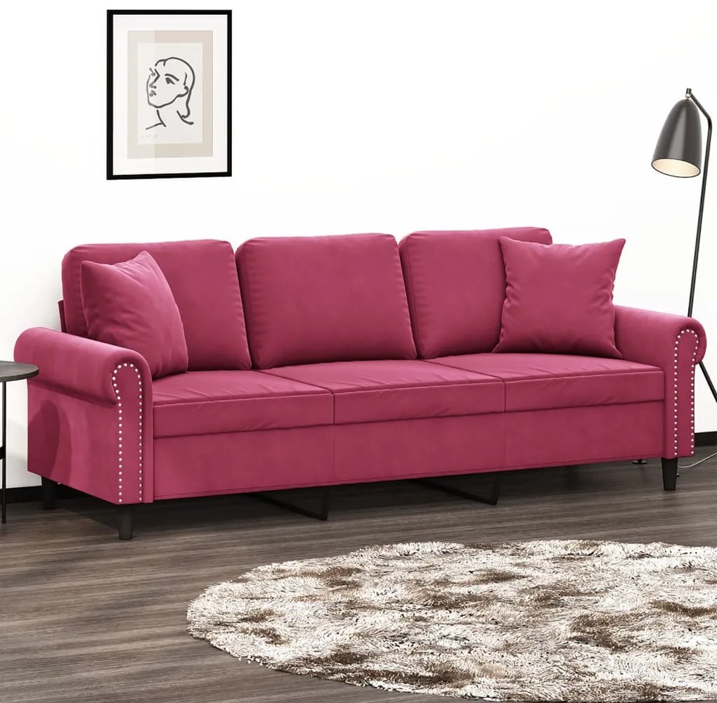 Divano A 3 Posti Con Cuscini Rosso Vino 180 Cm İn Velluto /