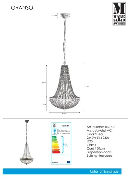 Markslöjd 107027 - Lampadario di cristallo su catena GRÄNSÖ 2xE14/40W/230V