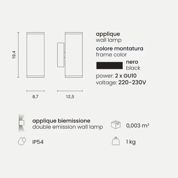Applique NEVADA 9x12 cm per esterni in alluminio Nero con diffusore in vetro