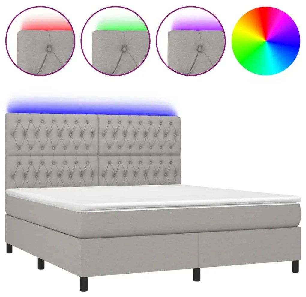 Letto a molle materasso e led grigio chiaro 180x200 cm tessuto