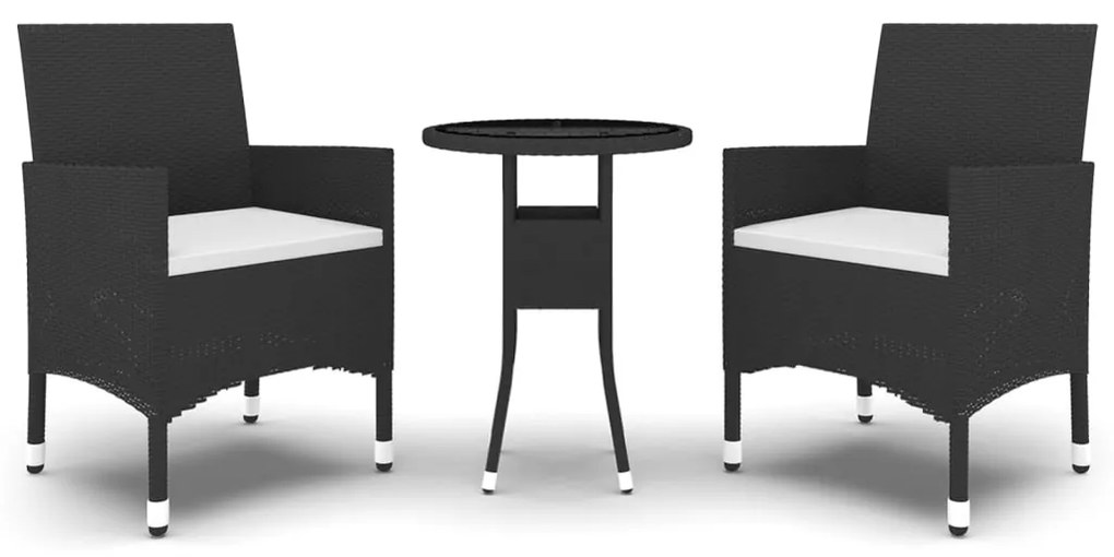 Set da bistrot per giardino 3 pz in polyrattan e vetro nero