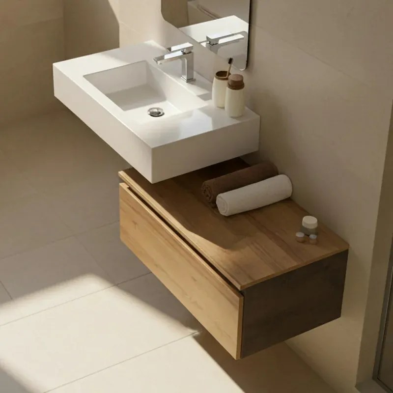 Mobile bagno sospeso 80 cm rovere africa con lavabo sospeso e specchio - Numa
