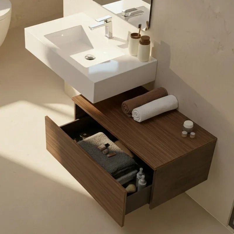 Mobile bagno sospeso 80 cm noce canaletto con lavabo sospeso e specchio - Numa
