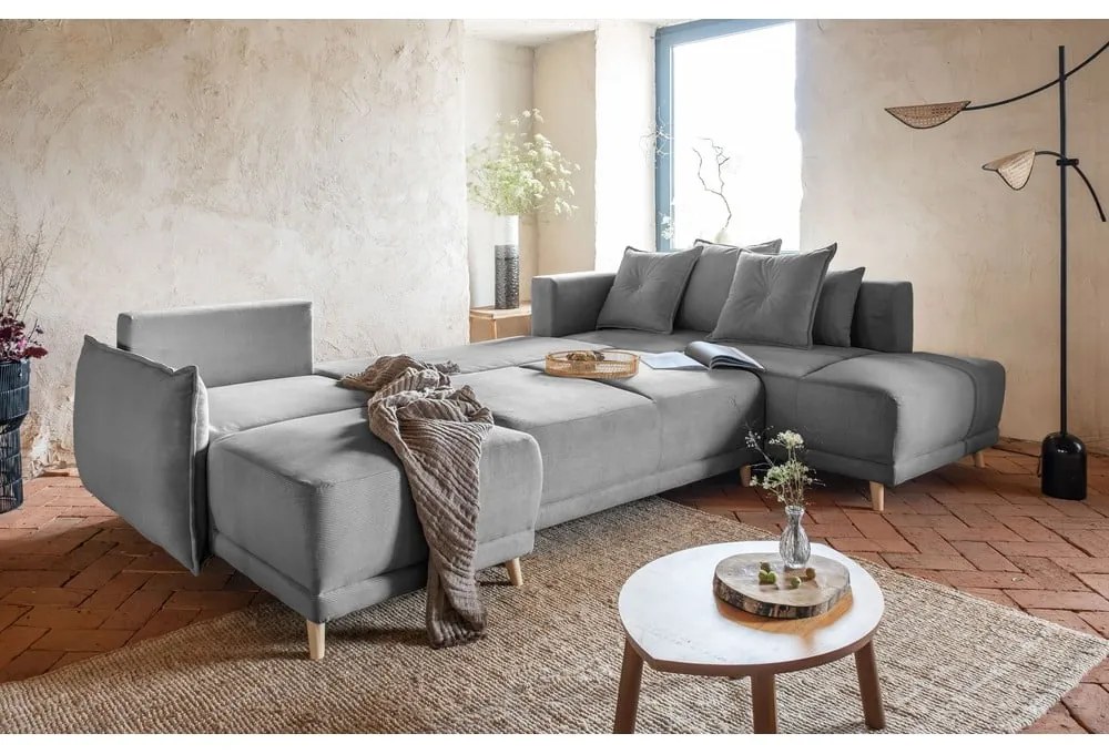 Divano letto angolare in velluto a coste grigio (angolo destro a forma di U) Lazy Lukka - Miuform