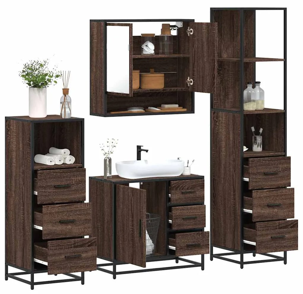 Set Mobili Da Bagno 4 Pz Rovere Marrone İn Legno Multistrato /