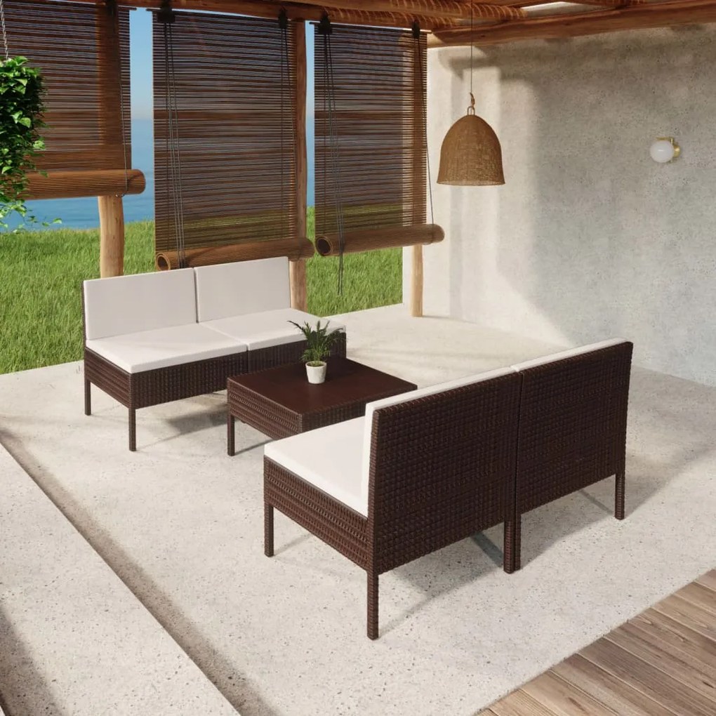 Set divani da giardino 5 pz con cuscini in polyrattan marrone