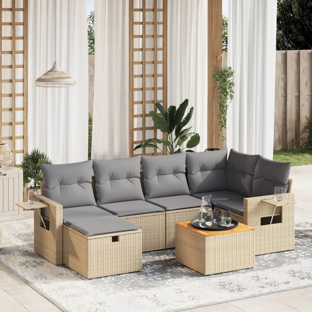 Set divano da giardino 7 pz con cuscini beige misto polyrattan