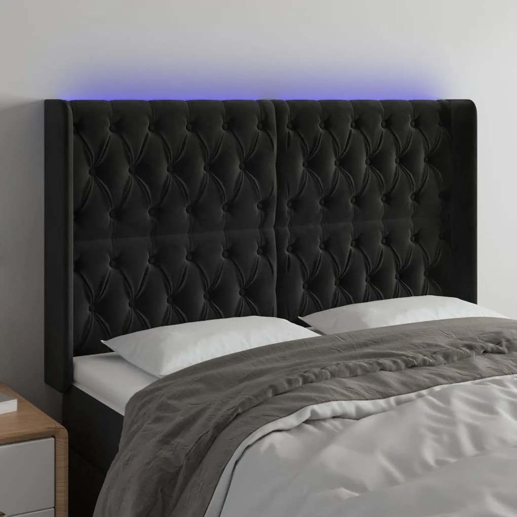 Testiera A Led Nera 147x16x118/128 Cm İn Velluto /