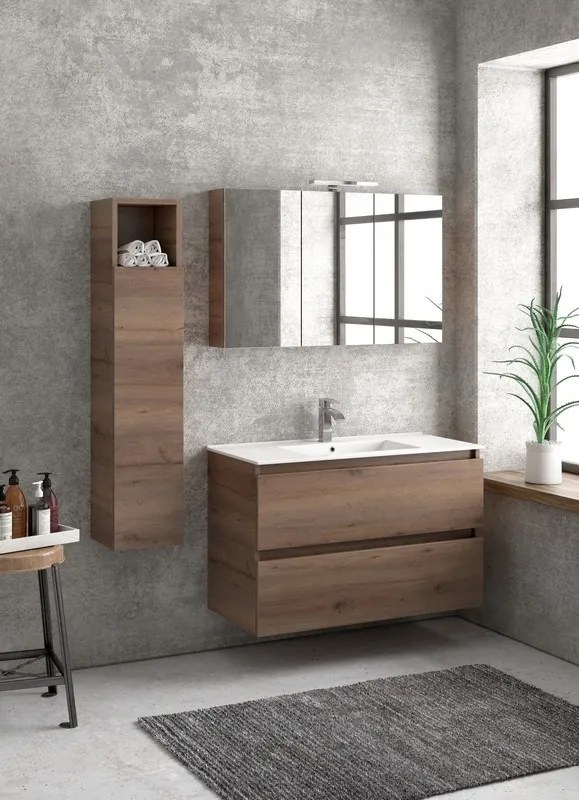 Composizione bagno sospesa 100cm: mobile con lavabo, specchio contenitore e colonna TOD-100F - KAMALU